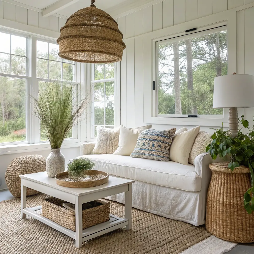 Close-up of ivory linen pillows, jute rug, and rattan accents in a warm coastal sunroom with a ceramic lamp and seagrass basket in soft late-morning light.