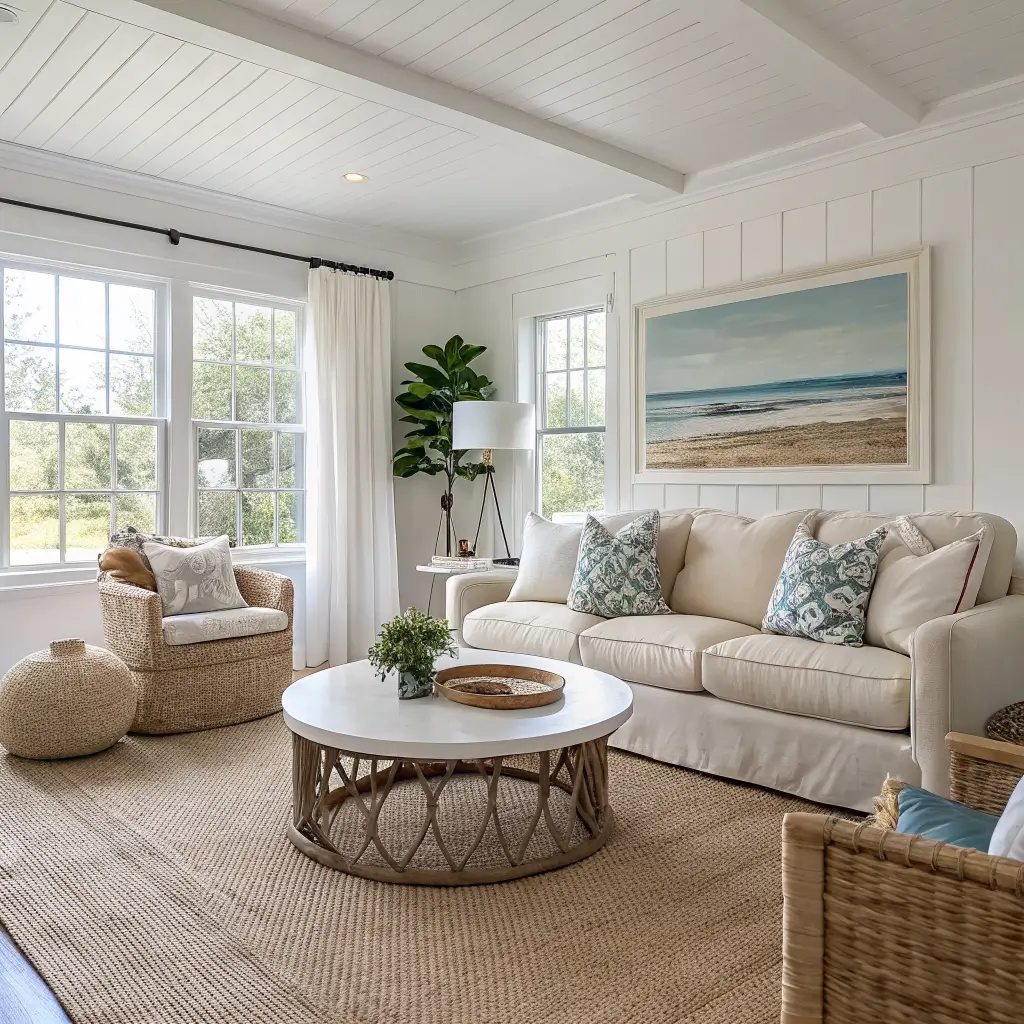 Coastal living room mid-setup with White Dove walls, jute rug, beige slipcovered sofa facing a window, whitewashed round coffee table, linen curtains, and painter’s tape marking art placement.