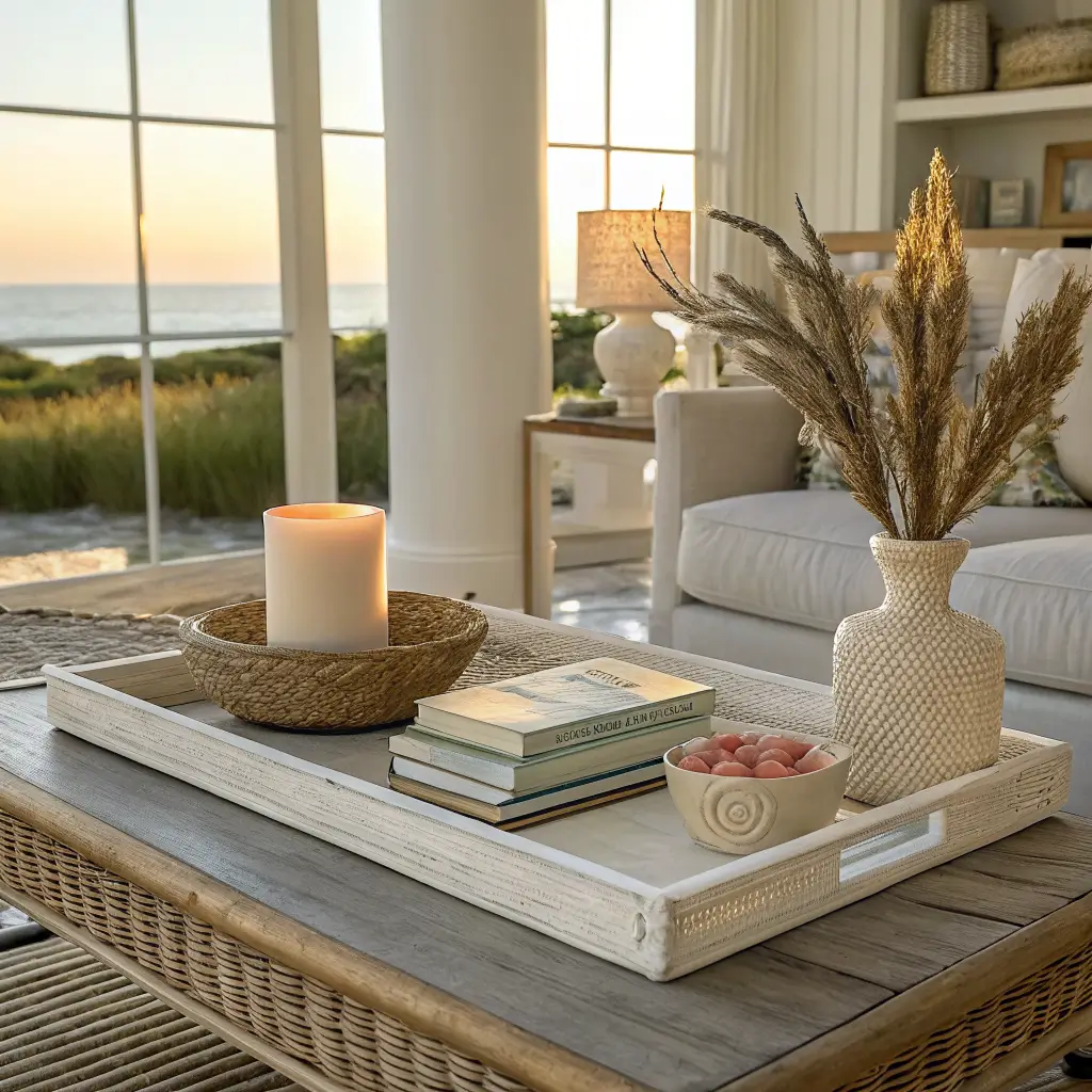 Coastal living room vignette with a rattan tray on a whitewashed oak coffee table holding stacked linen books, a stoneware vase with dune grass, and a coral dish, with a whitewashed console behind styled with driftwood, candle, leaning coastal art, and a woven basket in warm late-afternoon light.