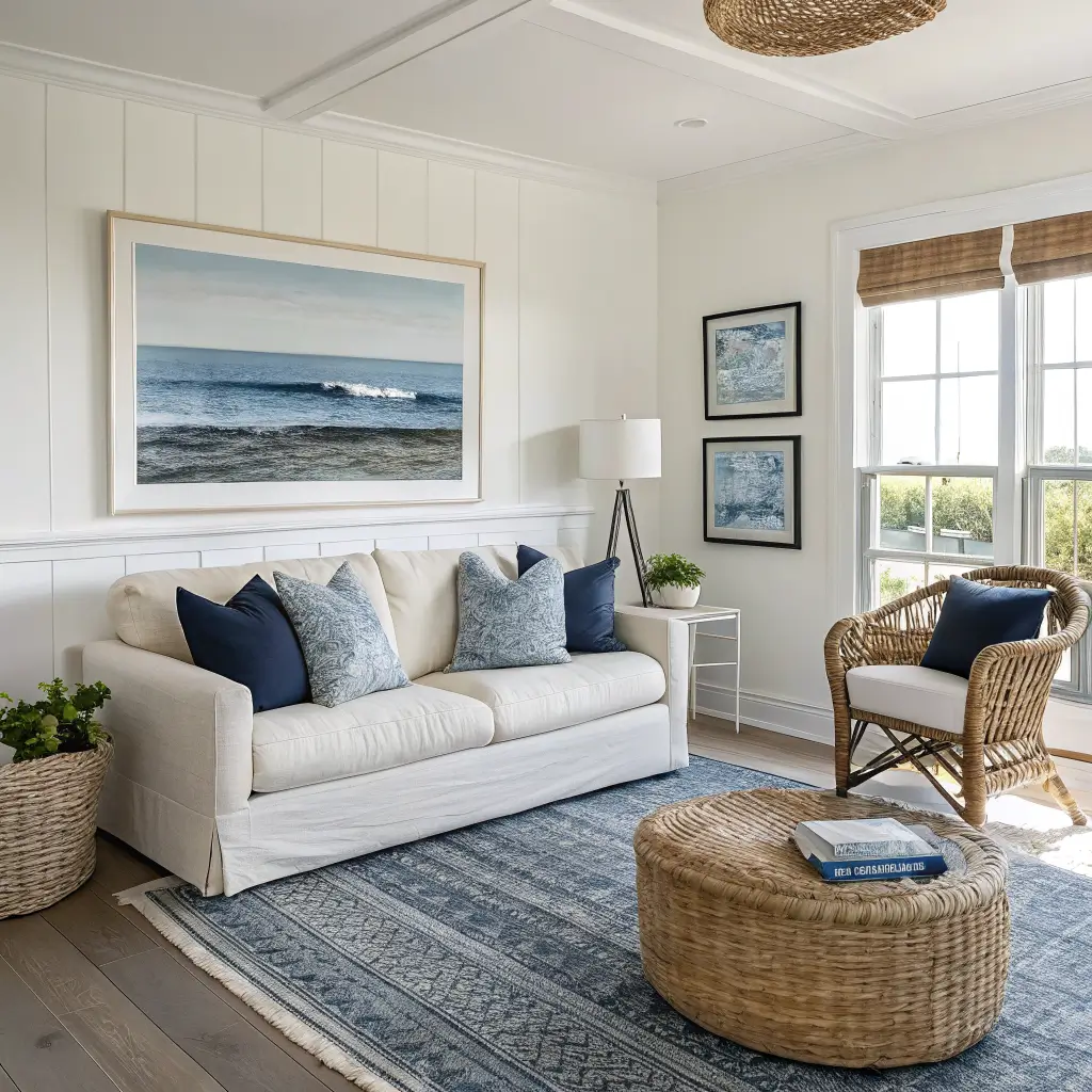 Midday photo of a restrained coastal living room with a linen sand sofa, jute rug, rattan chair, whitewashed oak, a single framed abstract seascape, and tiny blue accents against Sea Salt walls.