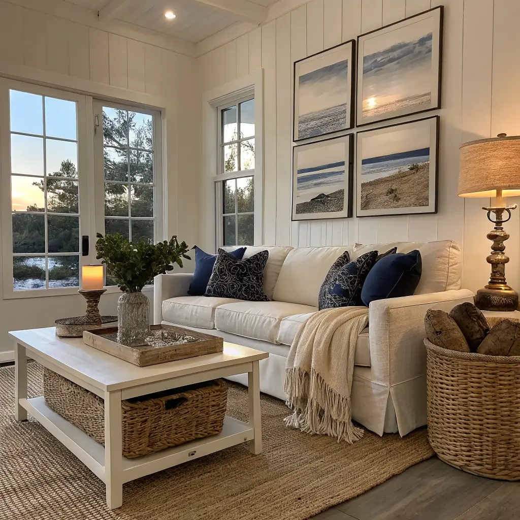 Early fall dusk coastal living room with sand linen sofa, jute rug, oat throws, navy pillows, brass candle, driftwood decor, and moody black-and-white art in warm lamplight.