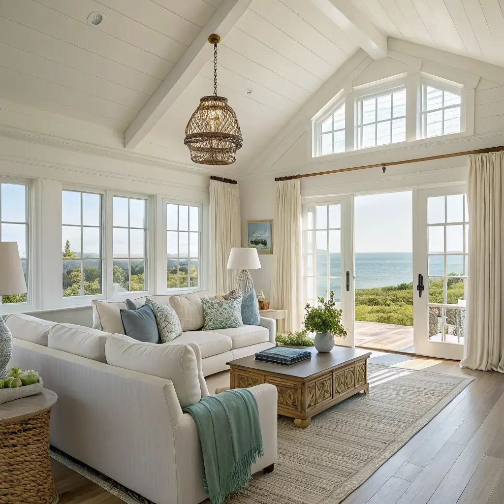 Sunlit coastal living room with white oak floors, linen sofa with blue and sage pillows, jute rug, bleached oak coffee table, rattan pendant, and a Maine coastline print above the sofa.