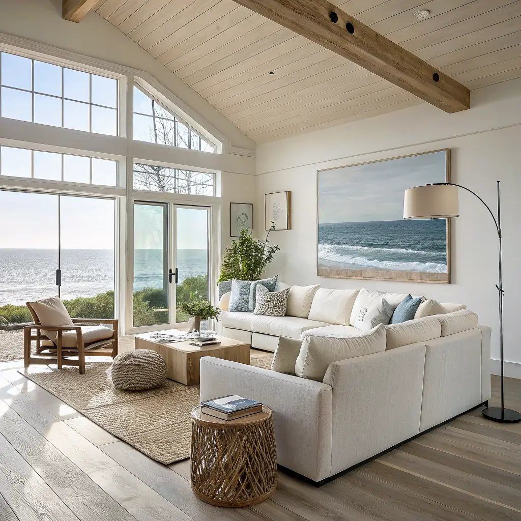 Modern coastal open-plan living room with cream slipcovered sectional on sisal rug, cane chair, abstract ocean art, brass floor lamp, driftwood console, and sunlit whitewashed floors.