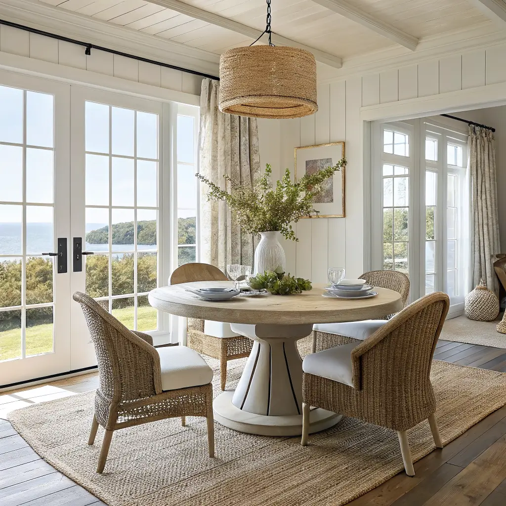 Coastal chic dining nook with round bleached oak table, rush-seat chairs, rattan pendant, sheer French doors, and a ceramic vase of dune grass in warm golden-hour light.