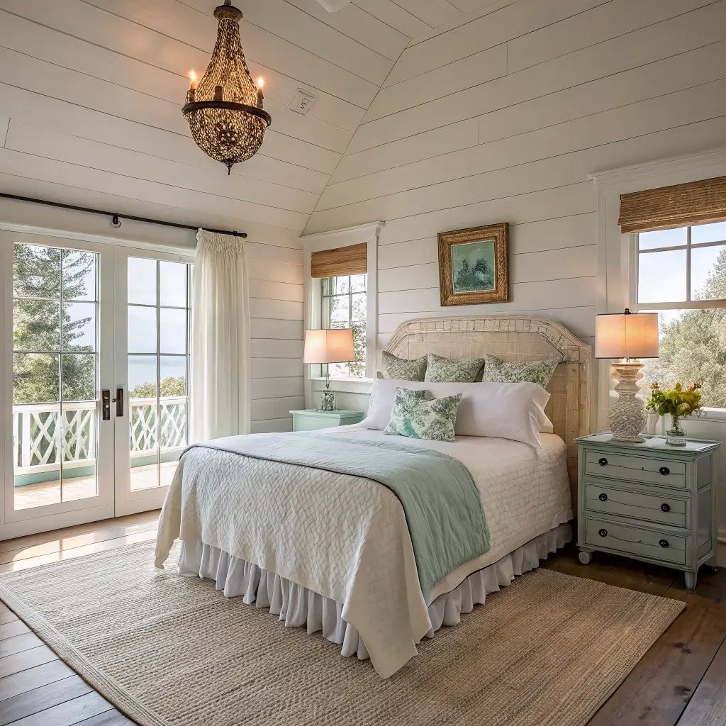 Coastal grandma bedroom with whitewashed pine headboard, white linen bed layered in sage and duck-egg blue, mismatched oak nightstands with glass lamps, jute rug, sheer curtains at open window, rattan bench, and botanical print in morning light.