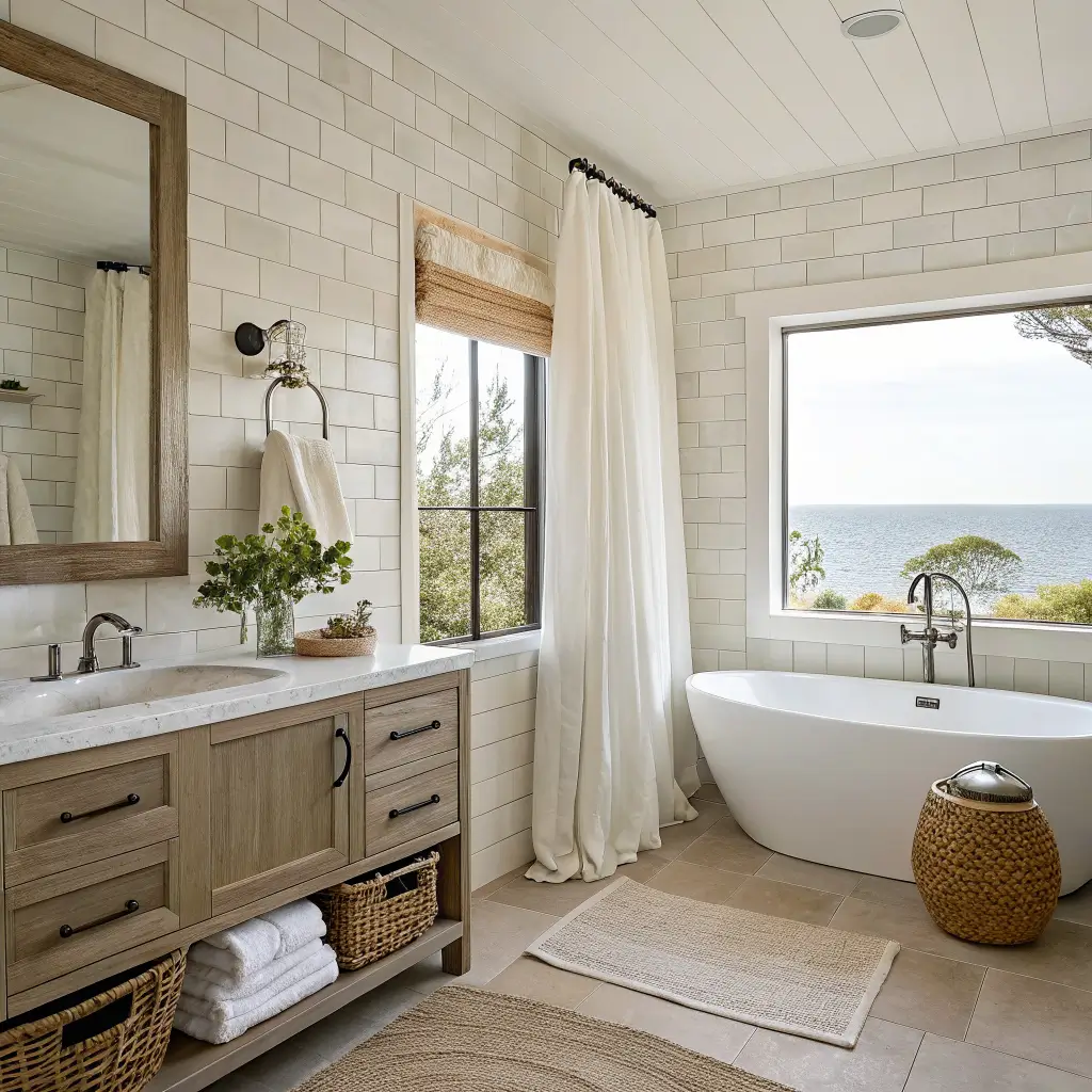 Serene coastal bathroom with matte white zellige-style tile, limestone floor, ivory soaking tub, oak vanity with stone top, brass fixtures, round mirror, and soft linen curtains in warm diffused light.