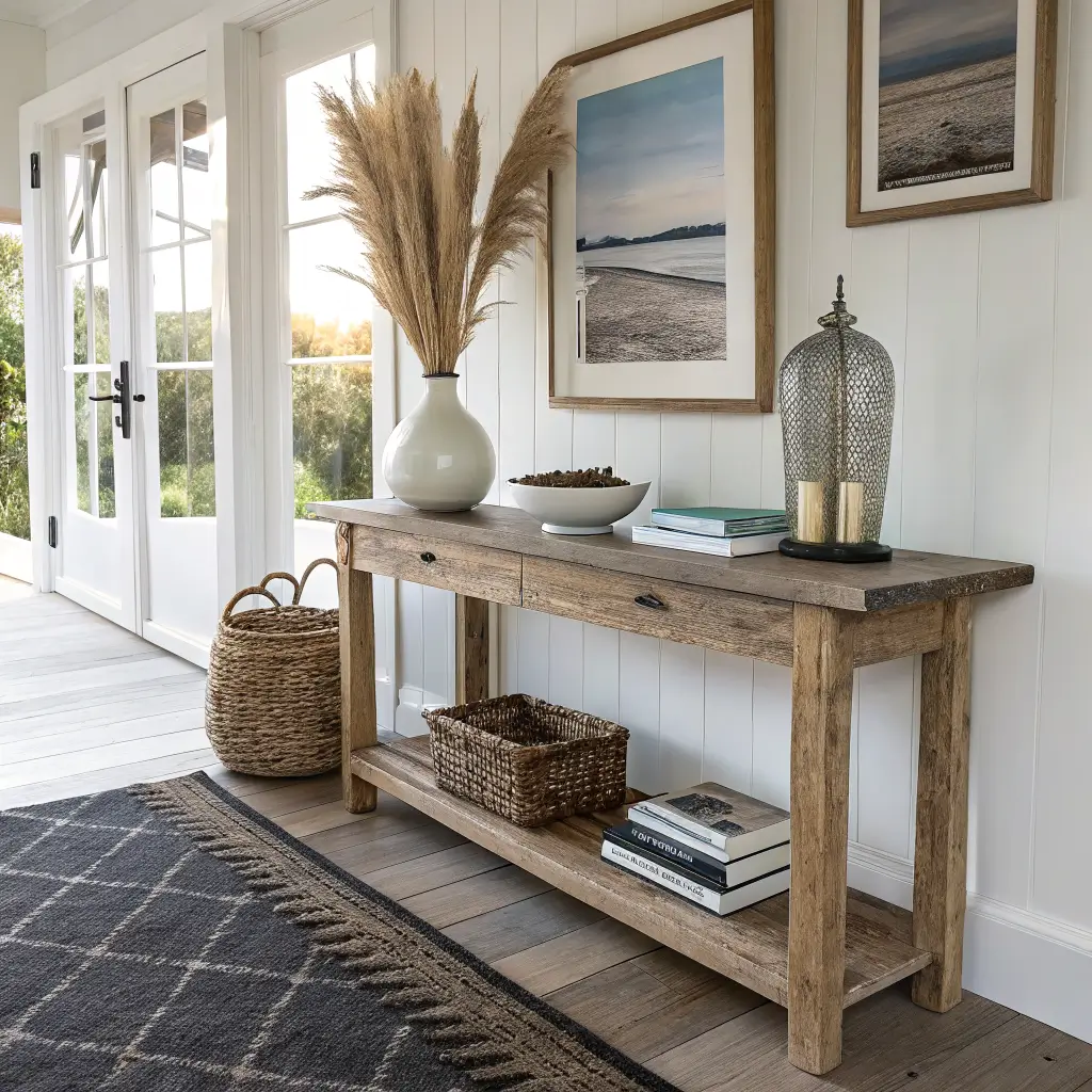 Coastal entryway with reclaimed oak console, pampas vase, books and key bowl, jute runner, foggy coastline photo, rattan basket with linen throw, and warm brass sconce light on white walls.