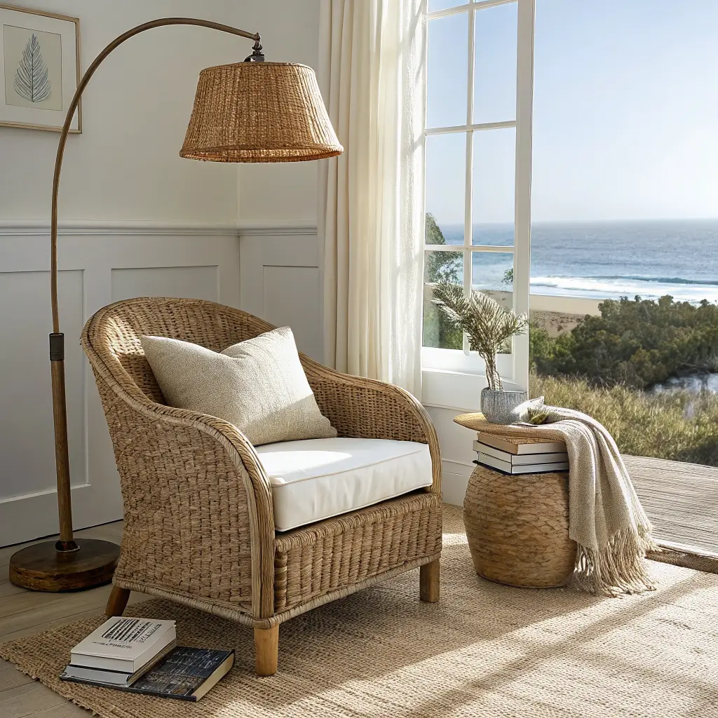 Coastal reading corner with rattan chair, brass floor lamp, jute rug, side table with books and mug, and a tall window with sheer linen curtains in warm afternoon light.