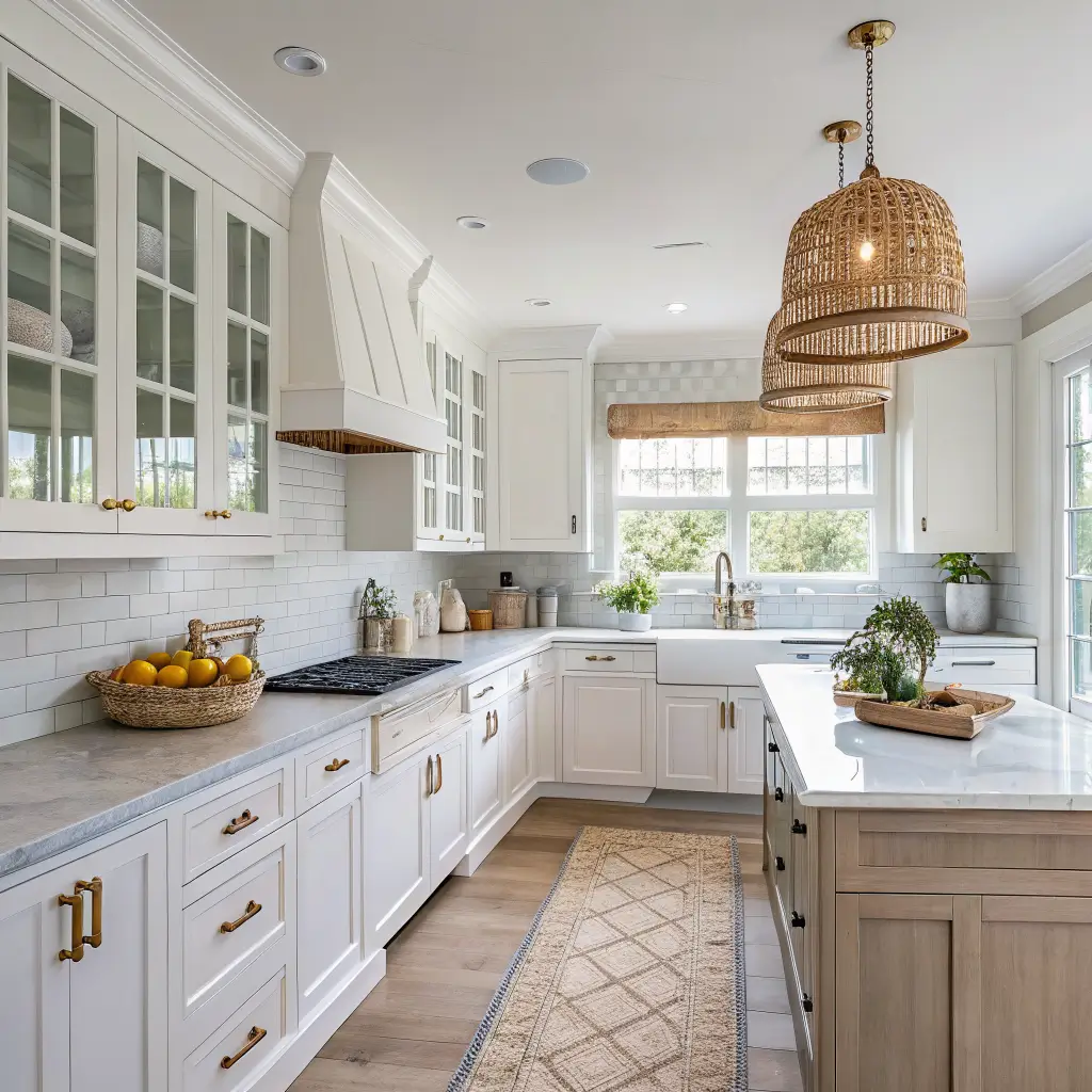 Wide shot of a modern coastal kitchen with white Shaker cabinets, honed marble counters, apron sink, oak shelving with neutral stoneware and a blue pitcher, rattan pendants over an oak island with cane stools, and linen curtains in natural morning light.