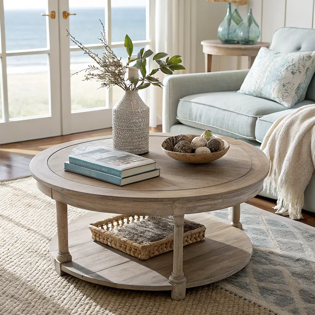 Coastal coffee table vignette with bleached oak round table on jute rug, stacked sage-and-cream books, driftwood, glass bud vase with eucalyptus, sand ceramic bowl with stones, and edge of oatmeal sofa with linen pillow.