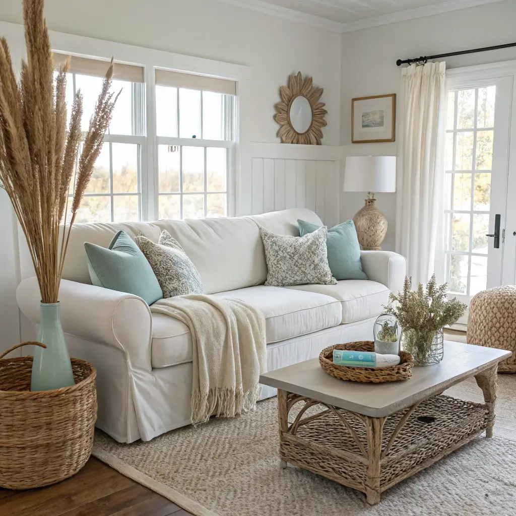 Wide-angle coastal living room with oatmeal slipcovered sofa on a sisal rug, cream knit throw, sage and duck egg pillows with a rust accent, coffee table vase of dried grasses and oak branches, rattan basket with camel blanket, Chantilly Lace walls, whitewashed pine floors, and warm brass lamps in golden winter light.