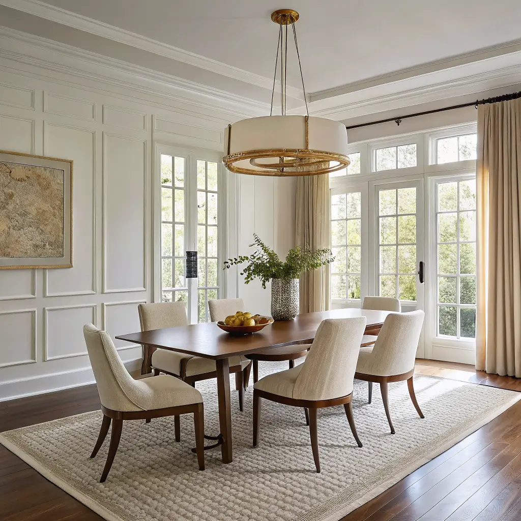 Photorealistic contemporary dining room with walnut table, ivory boucle and cane-back chairs, brass linear pendant, layered jute and cream rugs, warm plaster walls, and late afternoon golden light through linen-draped windows.