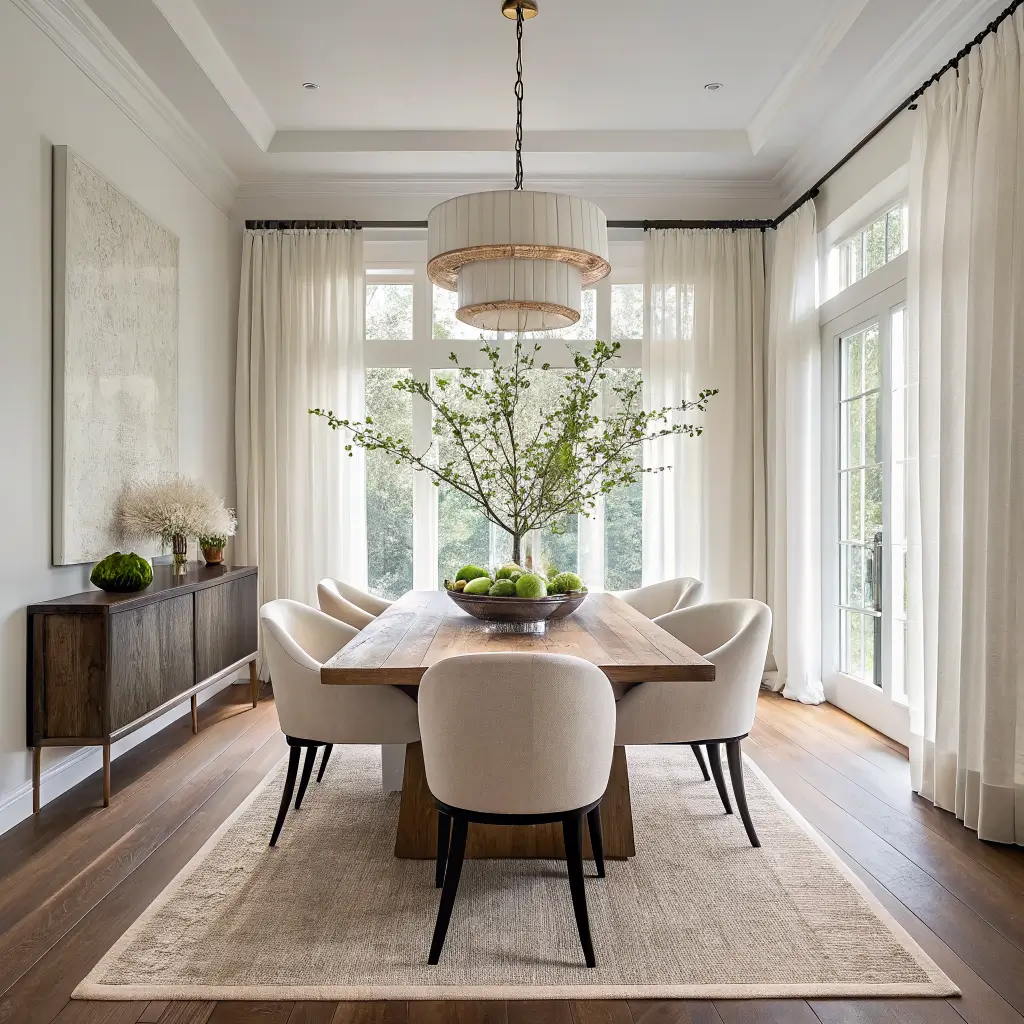 Photorealistic wide-angle of a contemporary dining room with an oak table set for pasta, mixed cream and black seating, brass globe pendant, cream walls, warm oak floors, and morning light through sheer linen curtains.