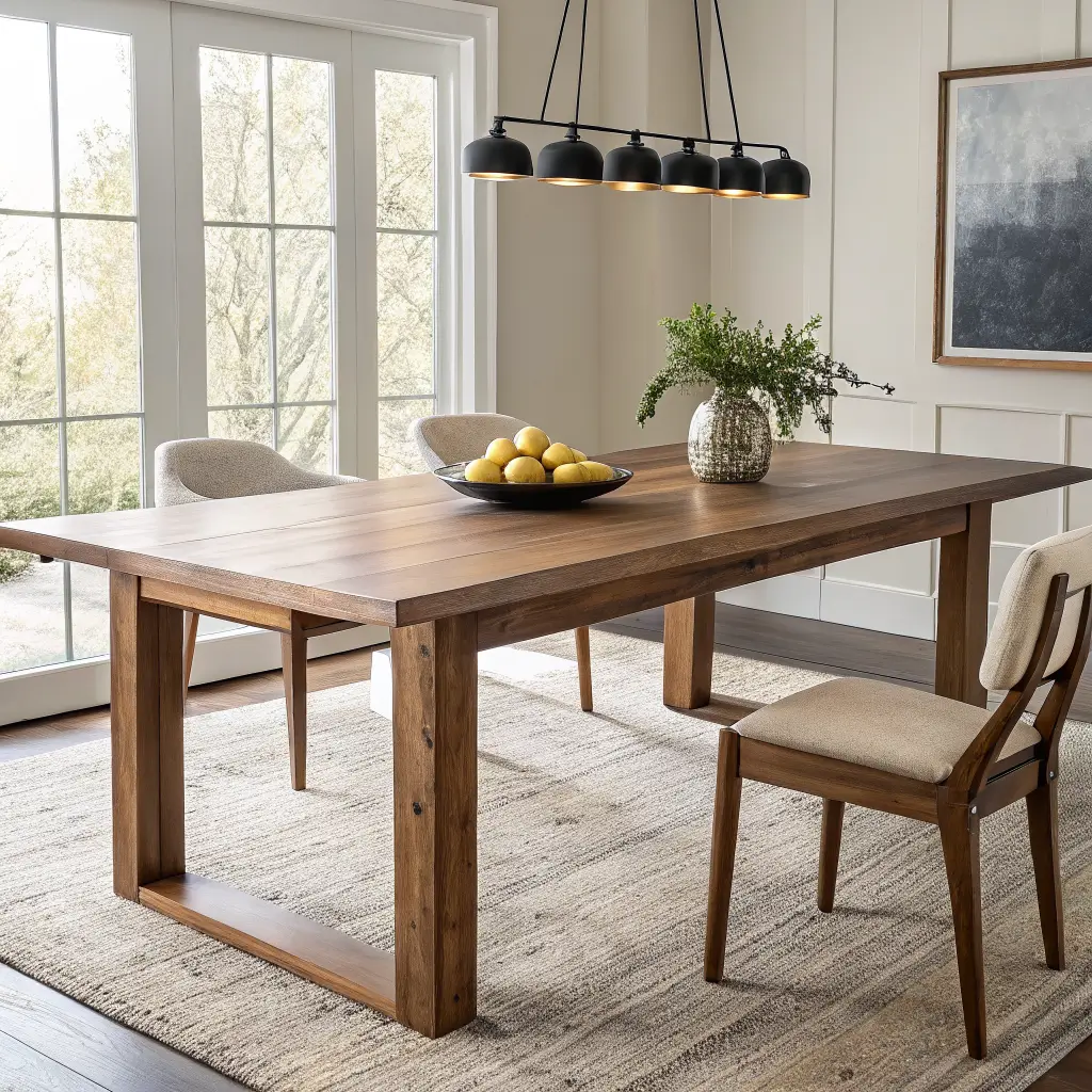 Photorealistic walnut dining table with chunky legs and visible grain in a contemporary room, side-lit, with a black bowl holding three lemons.
