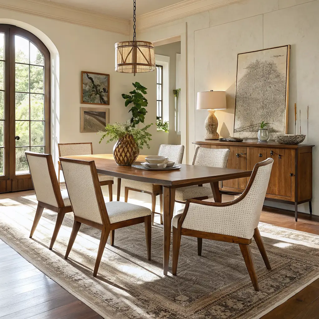 Photorealistic warm contemporary dining room with mixed chairs around a walnut table—ivory boucle armchairs, cane-back oak side chairs, cream rug, afternoon window light, and brass pendant.