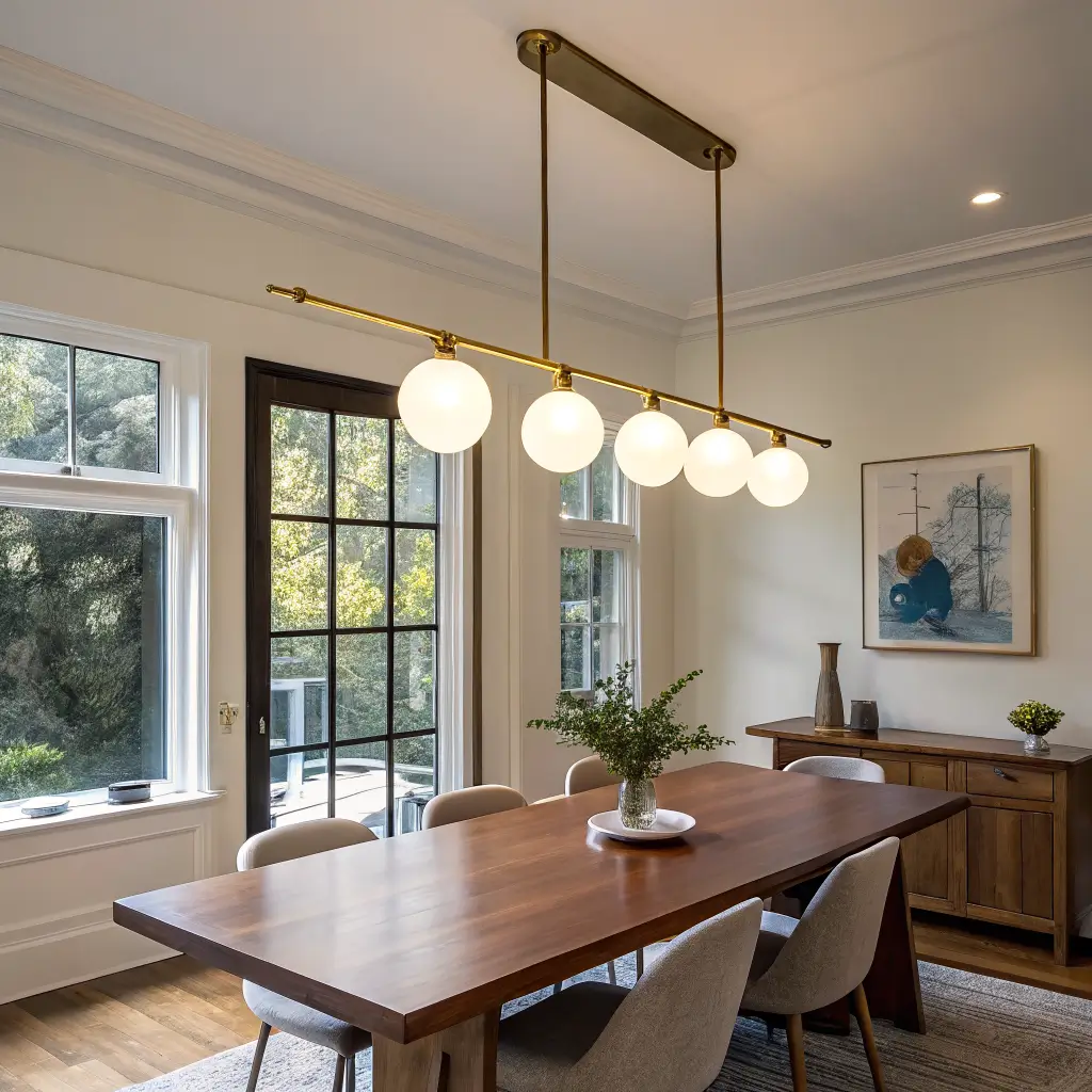 Upward-angled photorealistic view of a brass linear pendant with three staggered opal globes glowing above a walnut dining table at blue hour in a contemporary room.