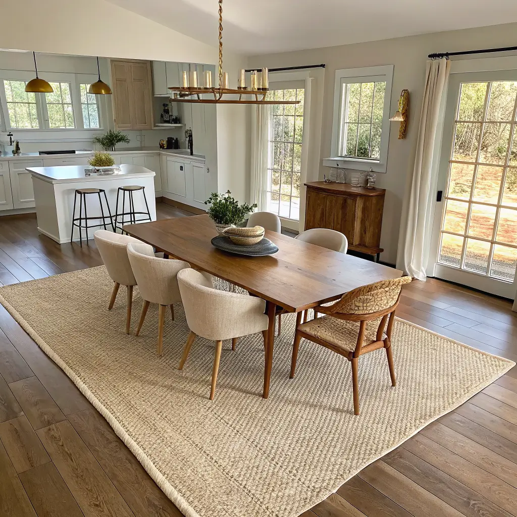 Overhead angled view of an open-plan dining area showing a 9x12 cream wool rug over jute beneath a walnut table and ivory chairs, defining the space in warm morning light.