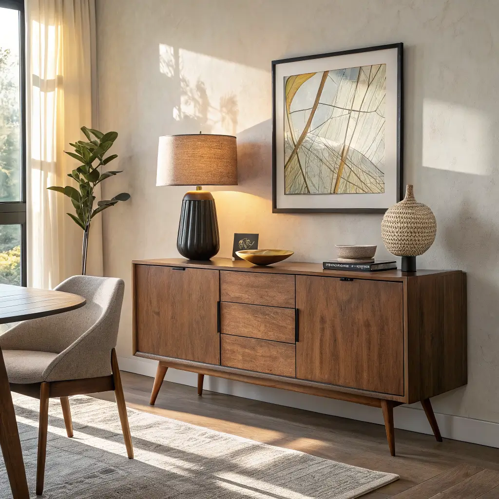 Photorealistic dining room vignette with a walnut mid-century credenza against an oatmeal plaster wall, featuring a glowing linen-shaded lamp, matte black stoneware vase, and leaning abstract ochre artwork in warm late-afternoon light.