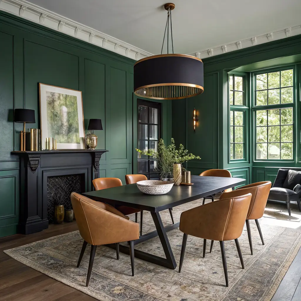 Moody contemporary dining room with deep green walls, black oak table, tan leather and walnut chairs, brass credenza, lit taper candles, and a warm glowing black pendant over a cream rug.