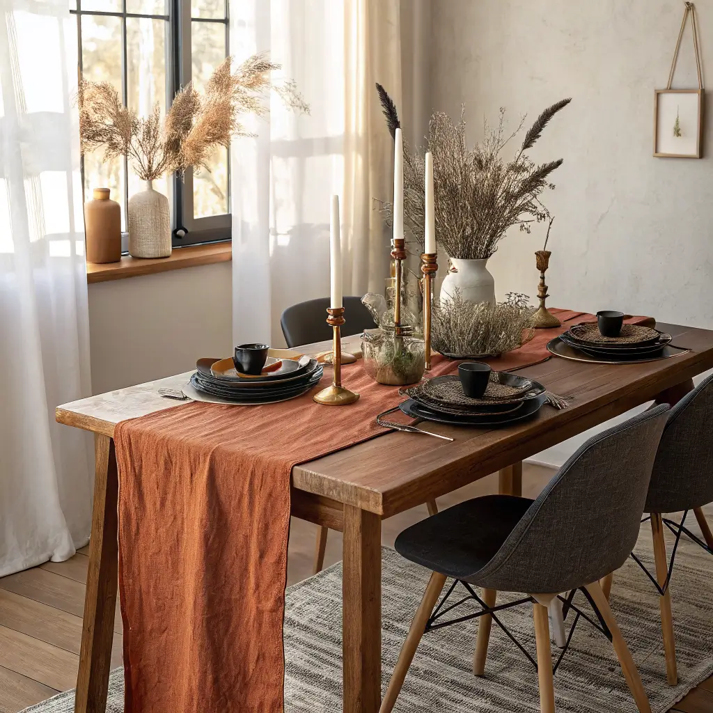 Autumn dining table on walnut wood with rust linen runner, brass candlesticks, dried pampas and eucalyptus in ceramic vase, black plates and linen napkins in warm golden light.