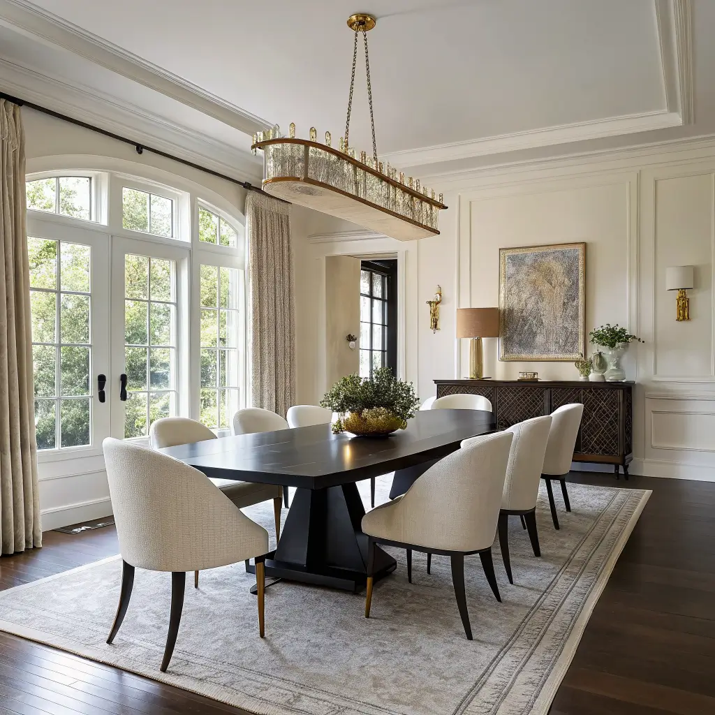 Symmetrical wide shot of a contemporary dining room with a black oak table, ivory boucle chairs, brass linear pendant, cream plaster walls, walnut credenza with lamp and ochre abstract art, and lemons on the table in golden-hour light.
