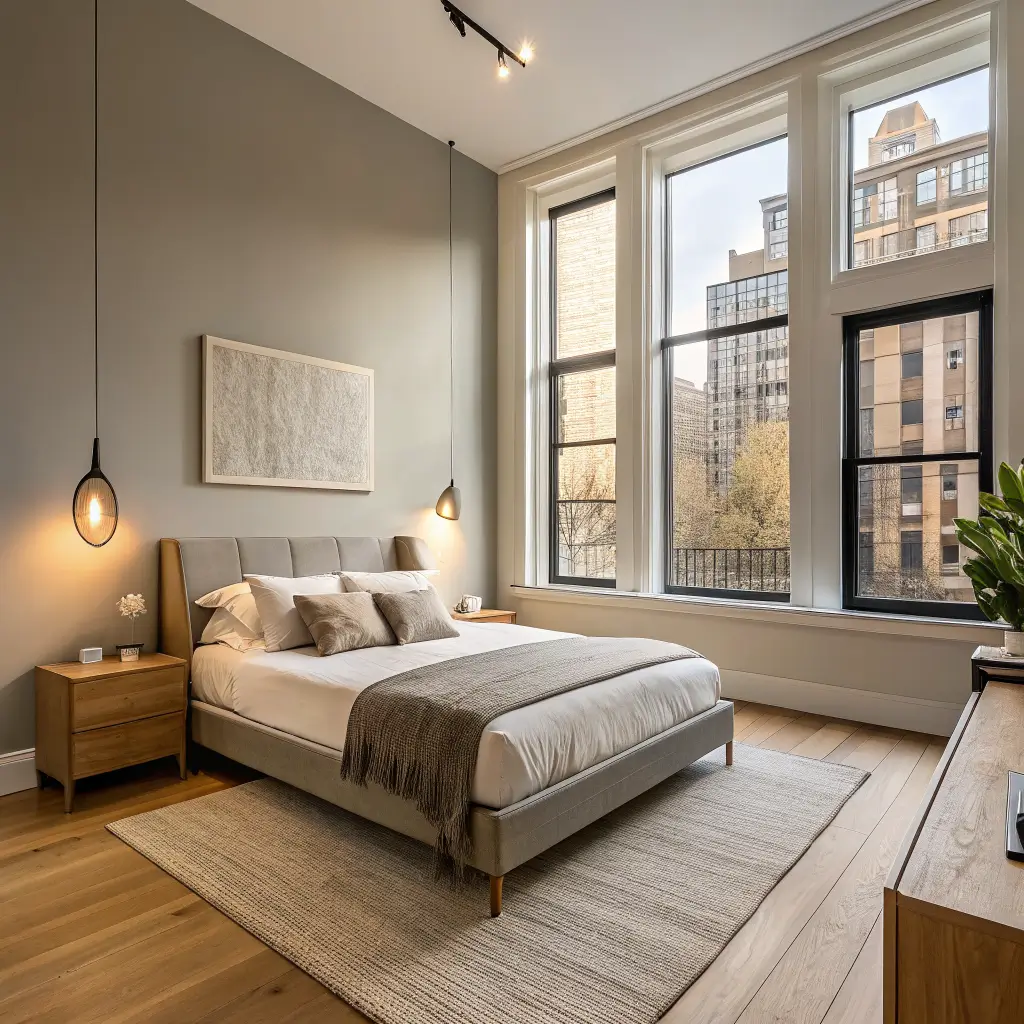 Photorealistic minimalist city bedroom with warm greige walls, a centered white oak platform bed in oatmeal linen, black cone bedside lamps on oak nightstands, a sand wool rug, and soft golden morning light through a tall industrial window.