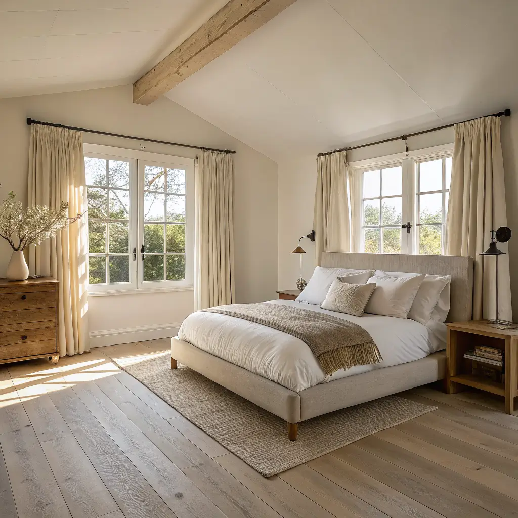 Photorealistic minimalist Scandinavian bedroom with white oak floors, linen curtains, low oak platform bed in oatmeal and clay linens, black wall sconce, and golden-hour light casting warm shadows.
