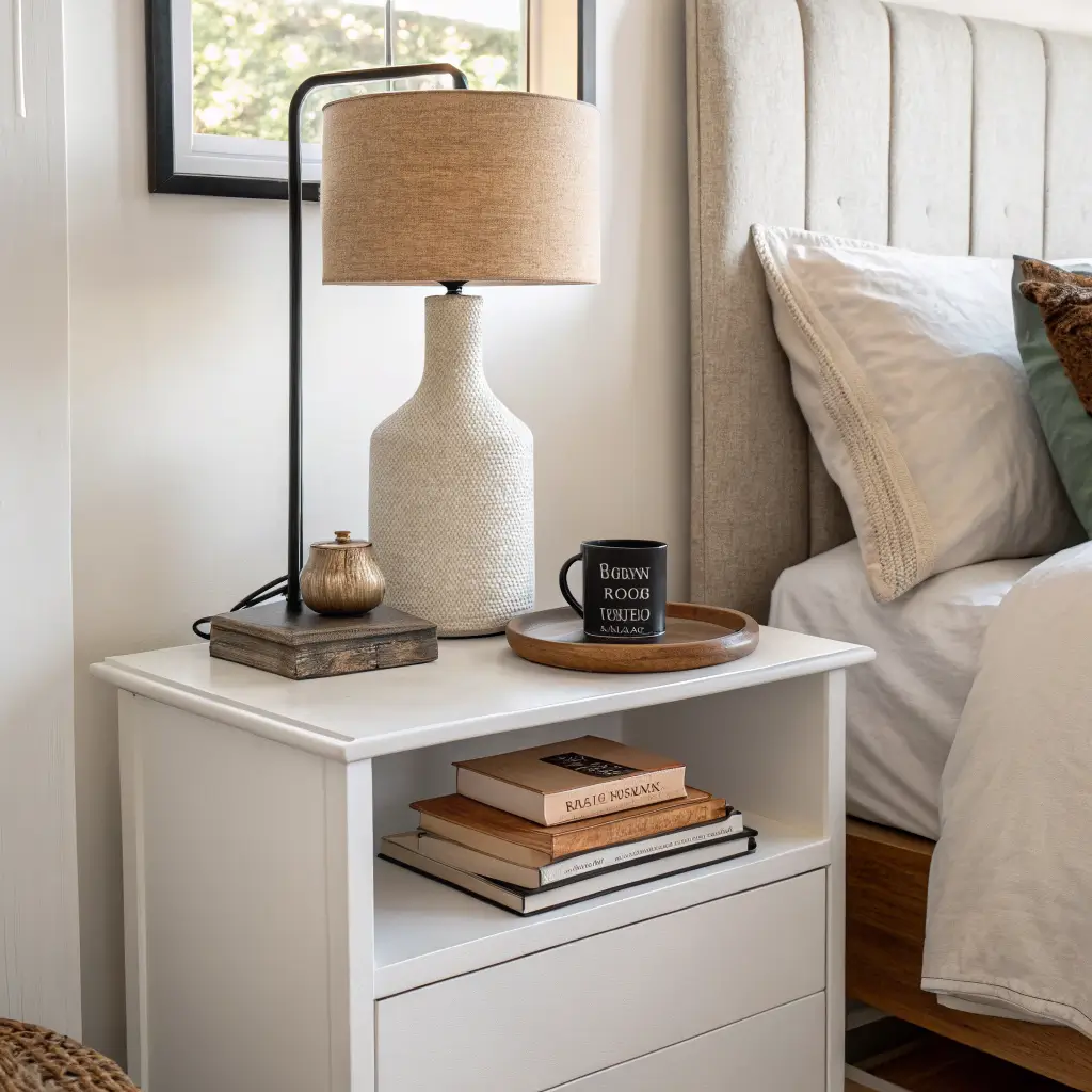 Close-up of minimalist bedroom corner with white oak nightstand on warm-white wall, terracotta tray holding books and ceramic carafe, matte black lamp glowing, and oatmeal linen bedding with olive cushion.