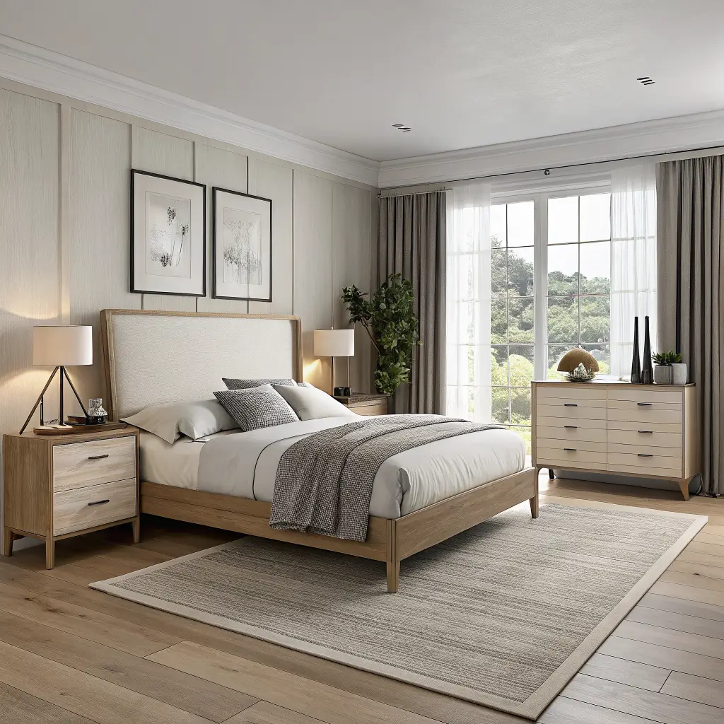 Symmetrical view of a minimalist bedroom with a white oak platform bed, matching nightstands with black cylinder lamps, an oak dresser, linen curtains at a tall window, and a sand wool rug in soft daylight.