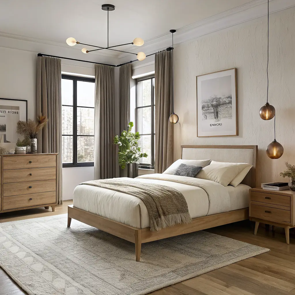 Photorealistic minimalist 11x12 bedroom with white oak platform bed, oatmeal linen bedding, taupe velvet blackout curtains, mid-century oak dresser with framed print, warm sand rug, and two matte black lamps in soft daylight.