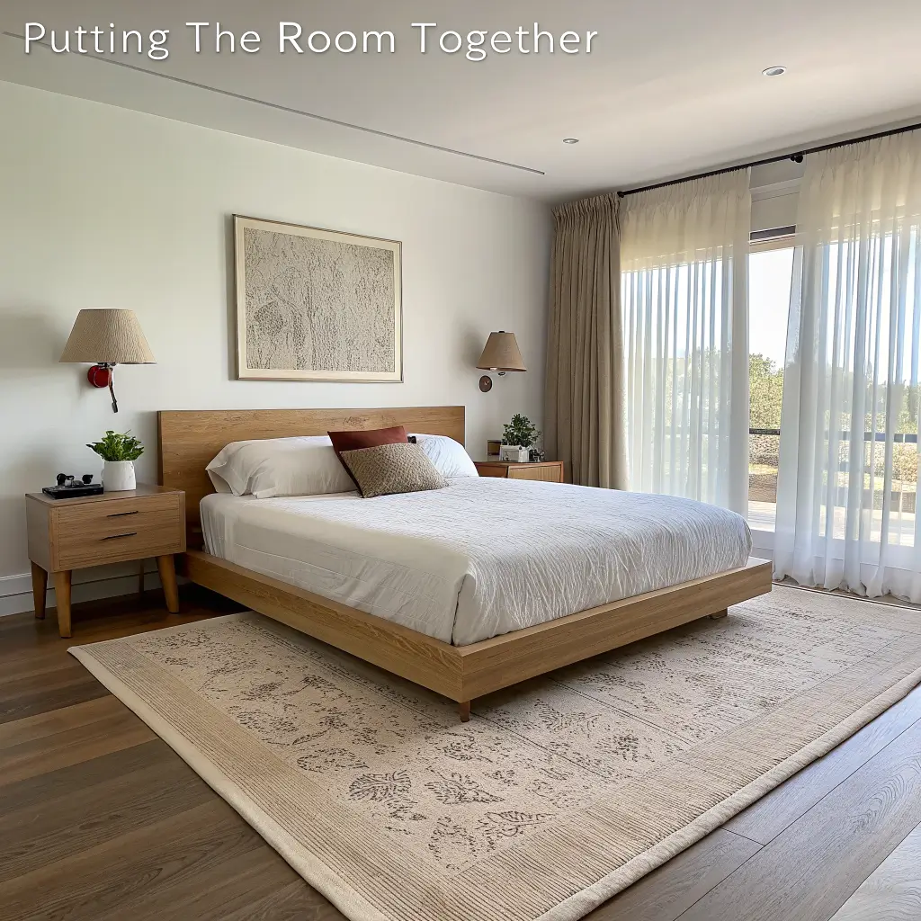 Photorealistic minimalist bedroom with centered white oak platform bed, sand rug, linen curtains, clay abstract art, black lamps on oak nightstands, and soft morning light in a 13x14 layout.