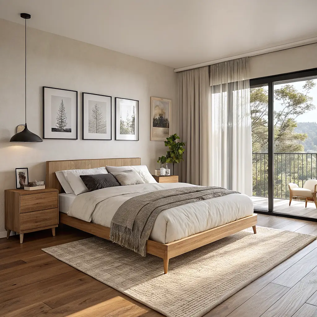 Photorealistic minimalist bedroom demonstrating the 70-20-10 color rule with cream walls and bedding, oak furniture and sand rug, and black accents lit by late-morning window light.