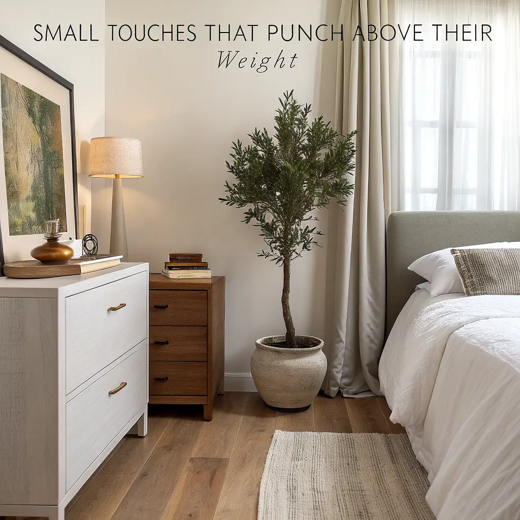 Photorealistic minimalist bedroom with white oak platform bed and linen bedding, olive tree by linen curtains, curated oak nightstand trays, and a terracotta vase on an oak dresser in warm evening light.
