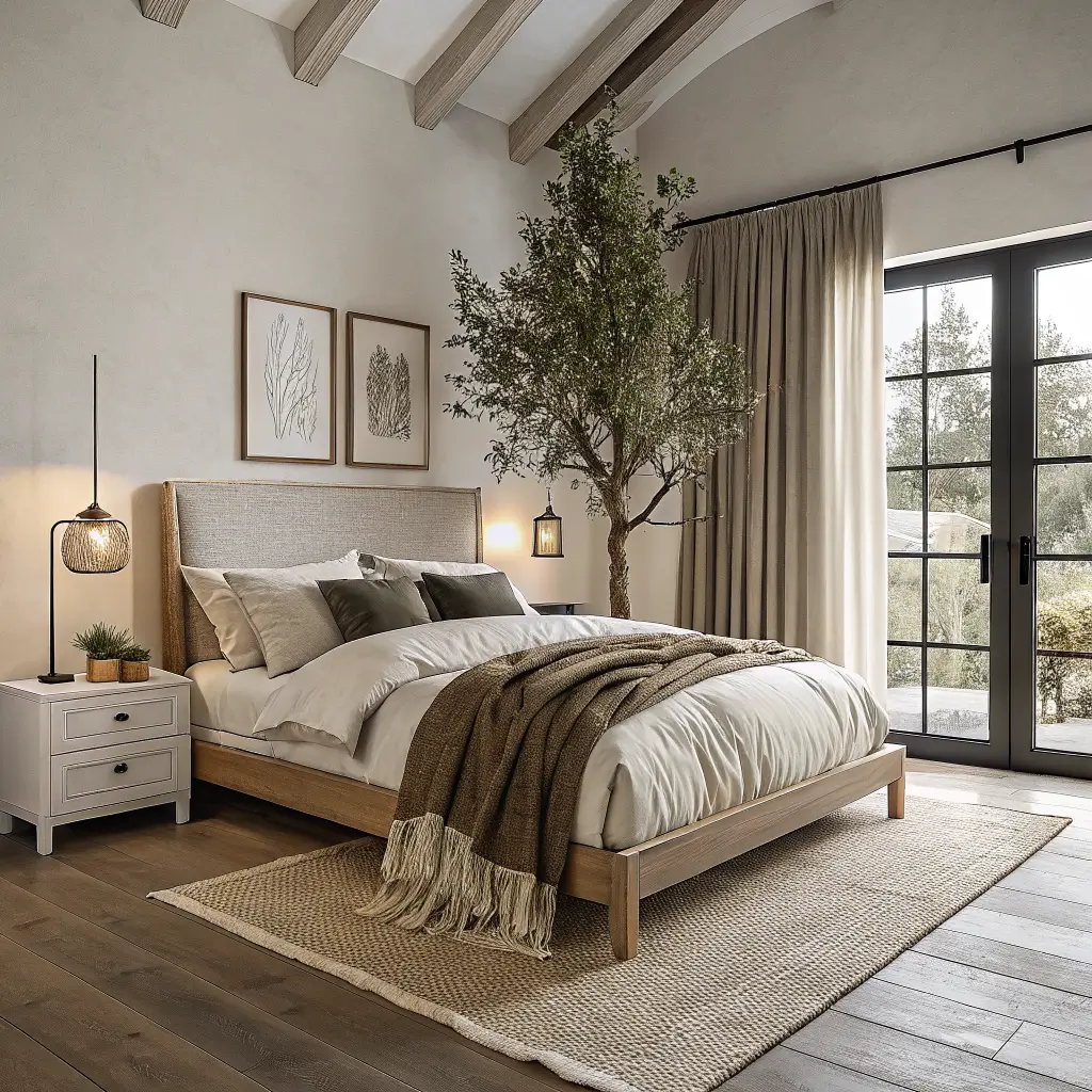 Photorealistic minimalist winter bedroom with white oak platform bed, clay linen duvet, cream chunky throw, warm sand wool rug, near-closed linen curtains, olive tree, and dim matte black lamps.