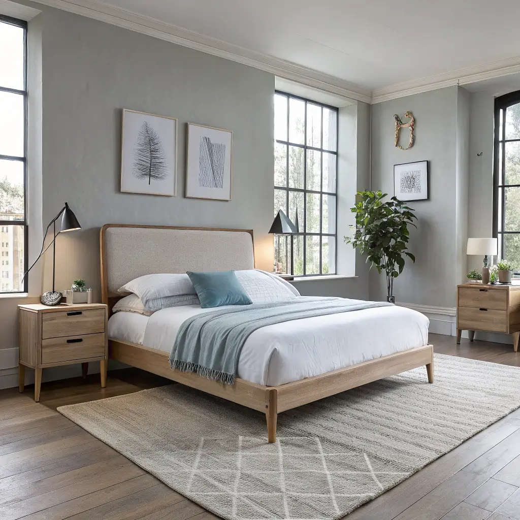 Symmetrical wide shot of a Scandi-minimal bedroom with a pale ash platform bed, white linens, grey throw, blue pillow, Berber rug, matching nightstands with black cone lamps, and a tall window with sheer linen curtains.