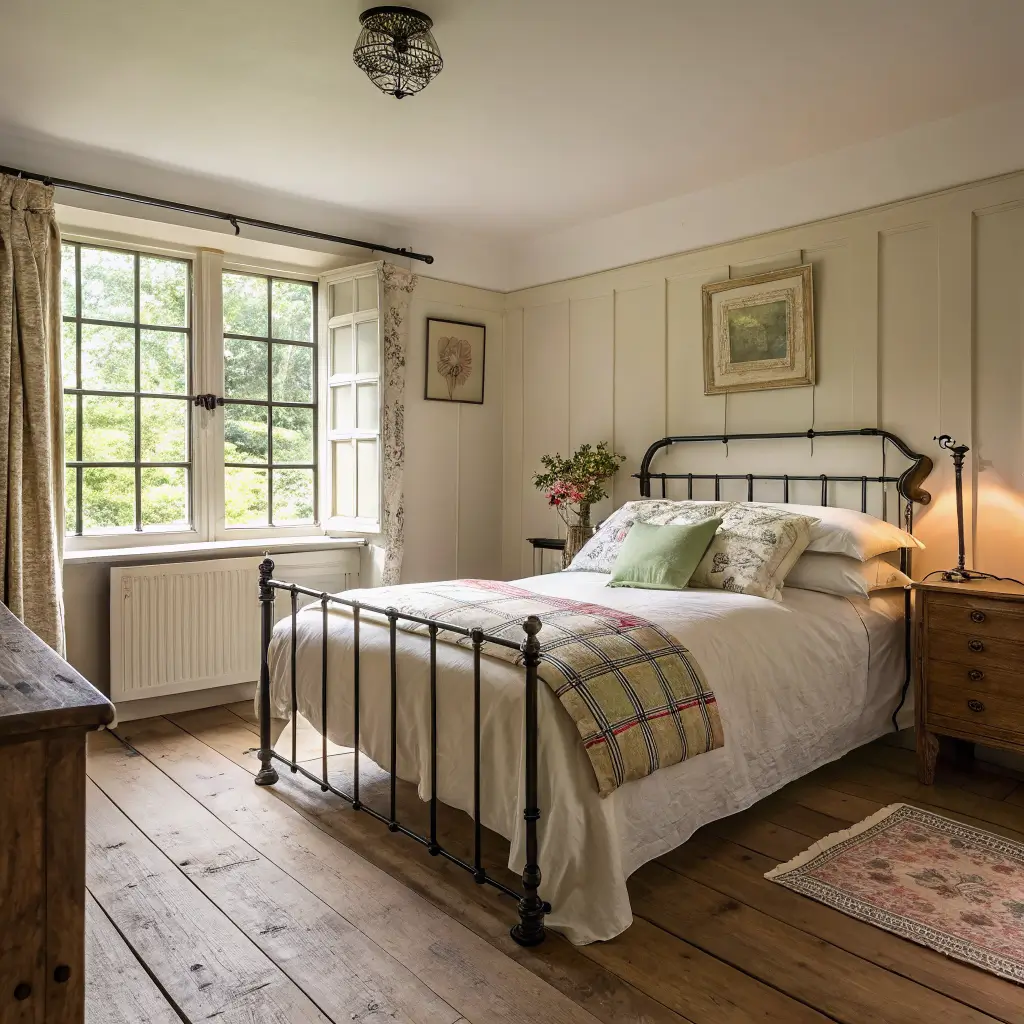 Photorealistic English country bedroom with oak floors, sash window, wrought-iron bed with layered bedding, and pine nightstand in warm late-morning light.