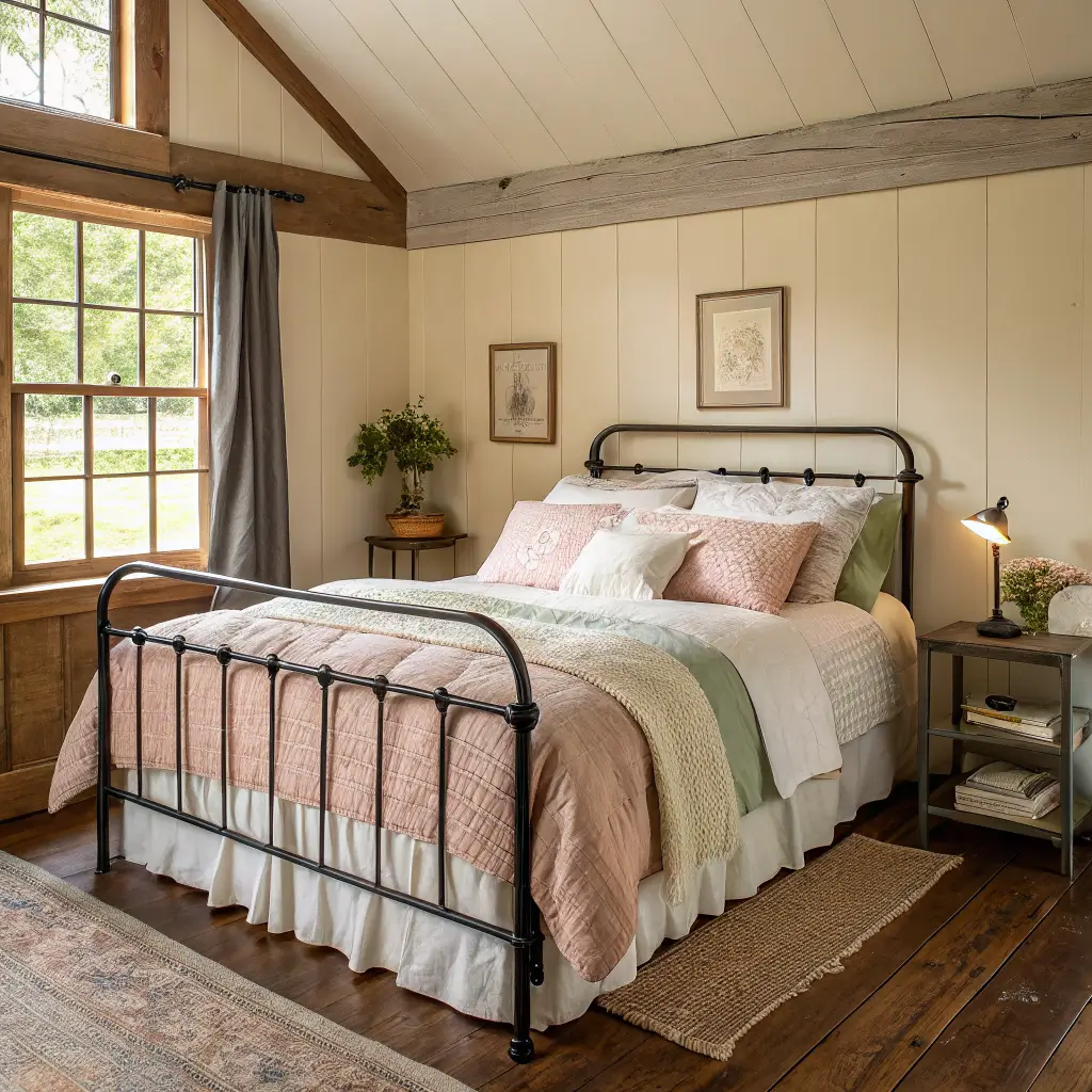 Overhead view of a country iron-frame bed with white sheets, rose–sage patchwork quilt, charcoal wool throw, layered pillows, and a brass tray holding tea and a novel in warm morning light.