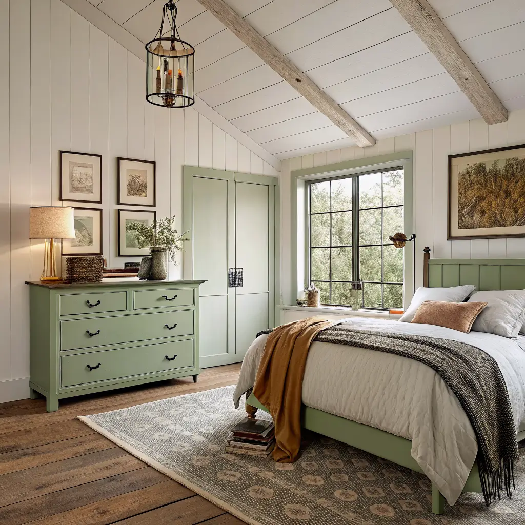Wide, photorealistic country bedroom with sage-green dresser on a white wall, botanical prints above, black iron bed edge with patchwork quilt, oak floors and moss runner in soft afternoon light.