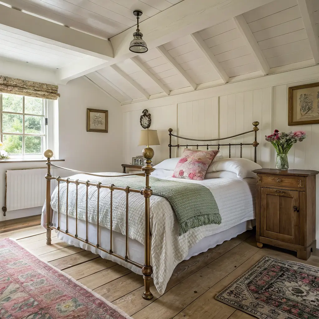 Close-up of an aged brass and iron bedstead with white sheets, patchwork quilt, and wool throw in a warm country bedroom lit by soft morning light.