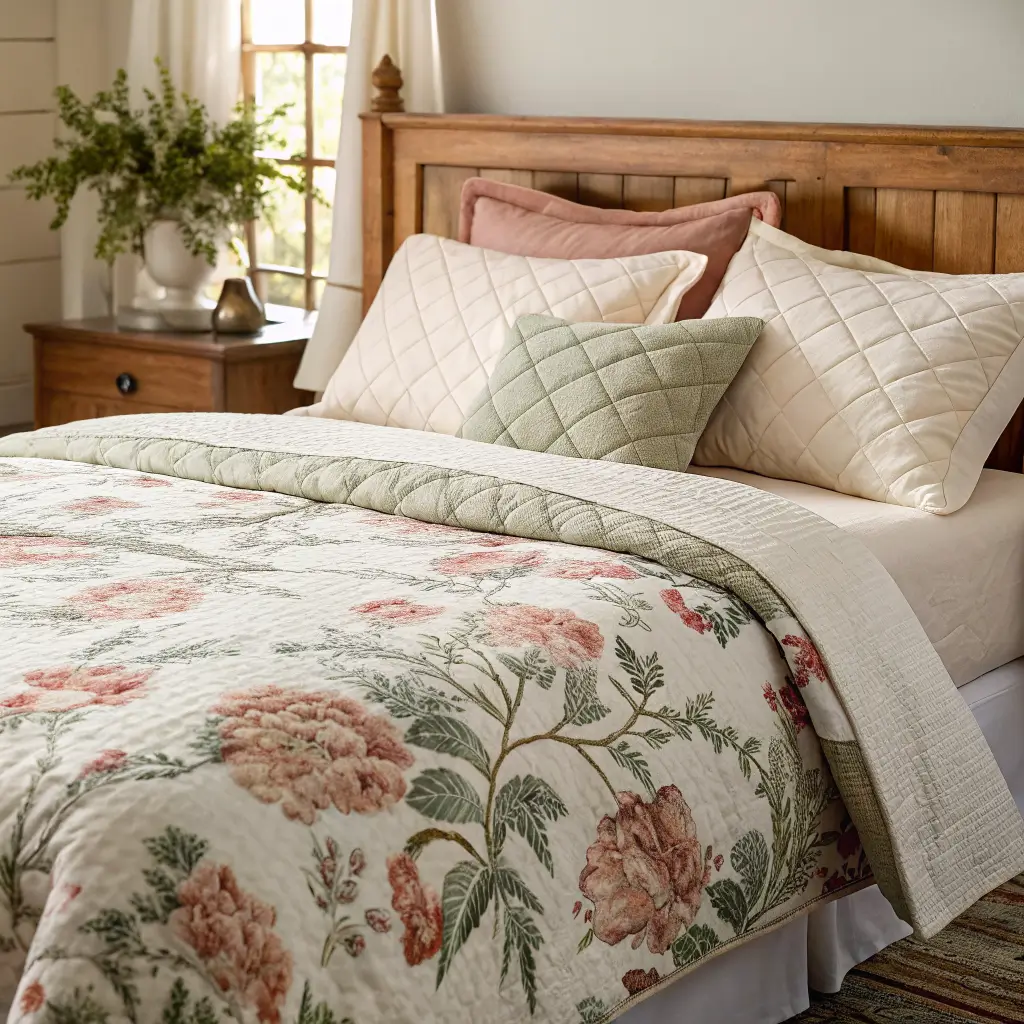 Close-up of layered country bedroom bedding with a faded floral quilt, white percale sheets, sage gingham cushion, cream linen euro sham, and an ecru knit throw in warm morning light.