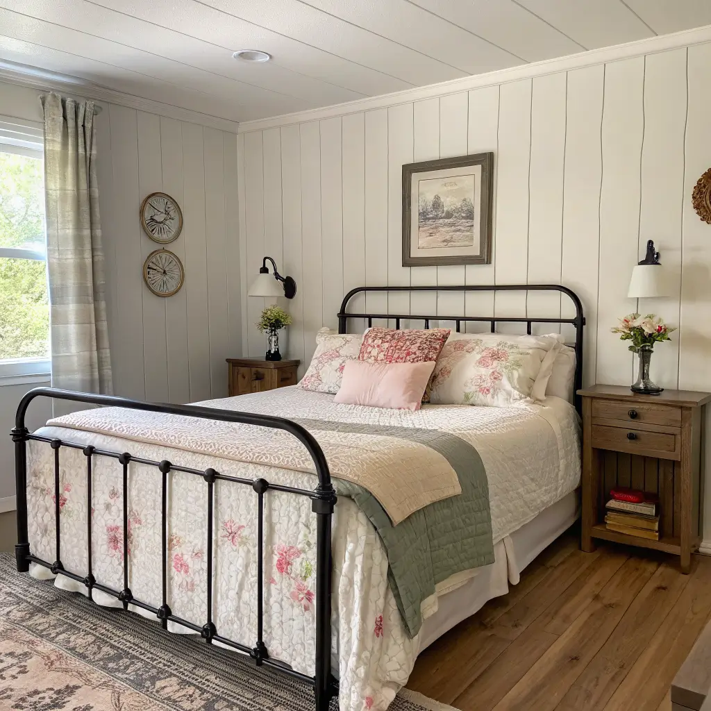 Symmetrical country bedroom with warm white beadboard accent wall, black iron bed, patchwork quilt, pine nightstands with linen lamps, and afternoon light across oak floors.