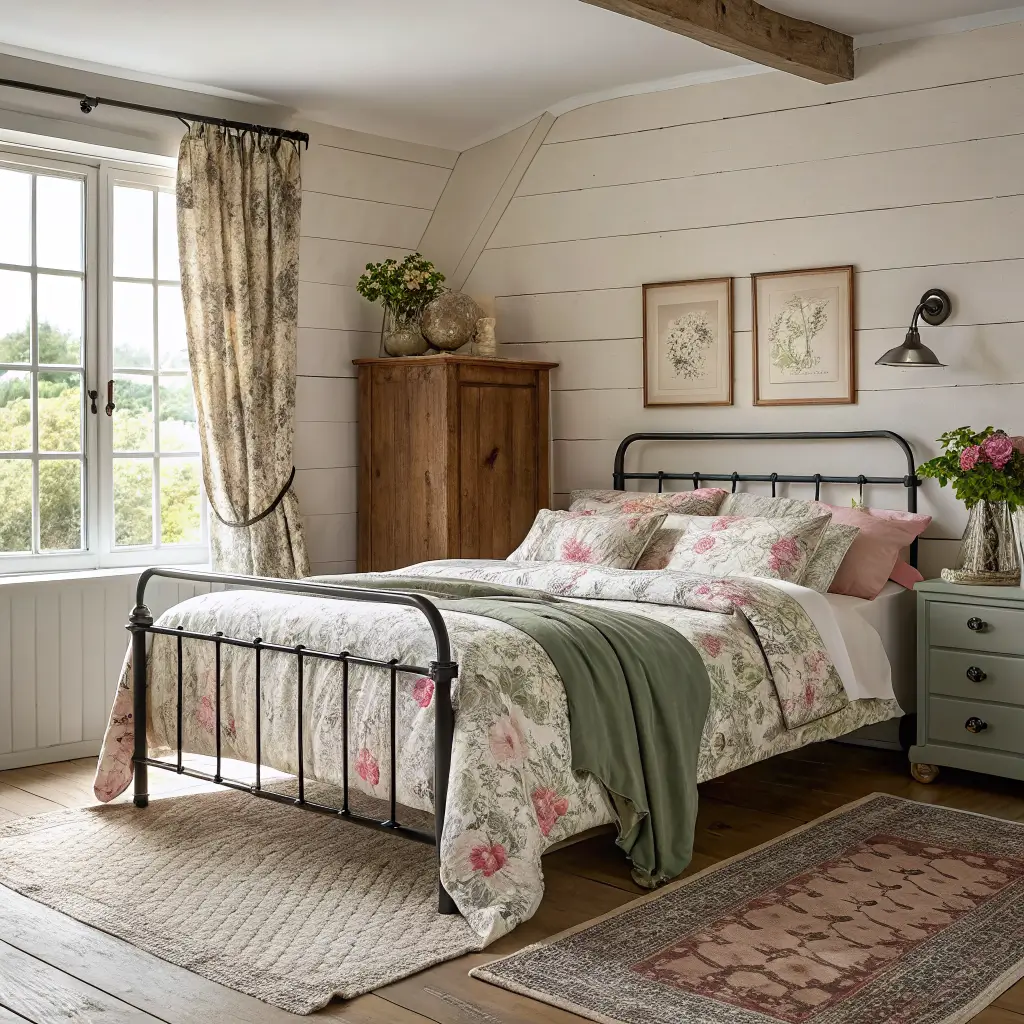 Three-quarter view of a country bedroom with a black iron bed dressed in muted rose floral quilt, sage gingham pillows, cream linen euro shams, soft light through linen curtains, and a pine dresser with dried branches.