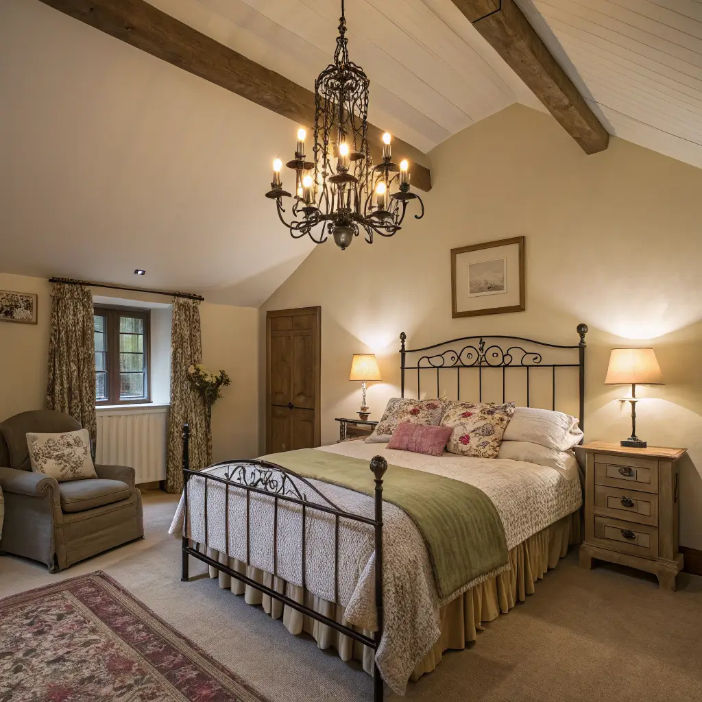 Photorealistic cozy country bedroom at evening with warm chandelier, matching bedside lamps, and a corner floor lamp illuminating a black iron bed with patchwork quilt, oak floors, and sage rug.