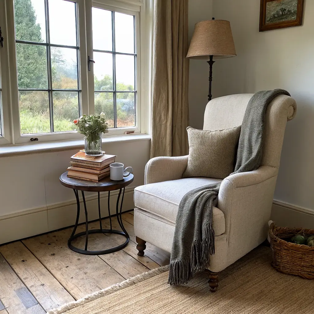 Photorealistic country bedroom reading nook with oatmeal linen armchair, pine side table of books and mug, black iron floor lamp, sage-and-rose rug, and late-afternoon light by a tall sash window.