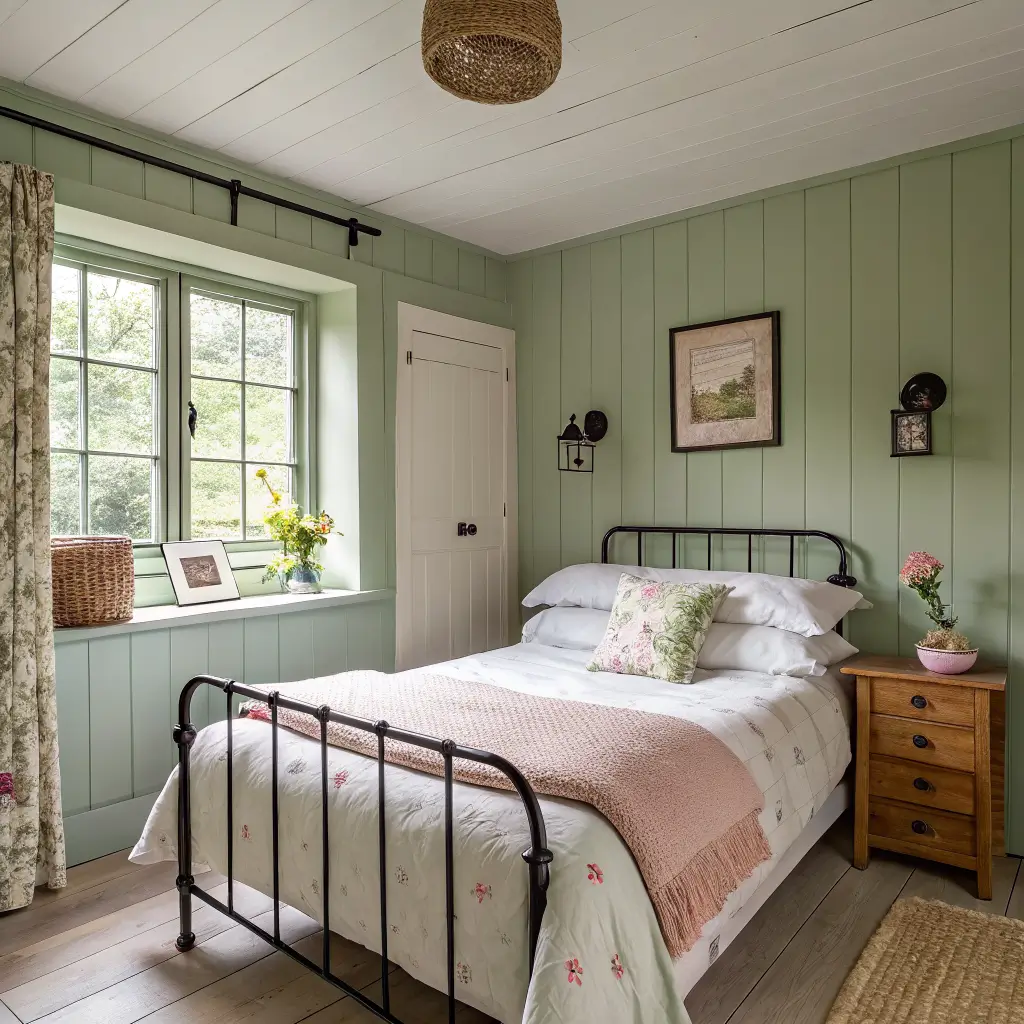 Photorealistic small sage-green country bedroom with black iron bed, patchwork quilt, wall sconces, pine nightstand, and morning light from a single window.