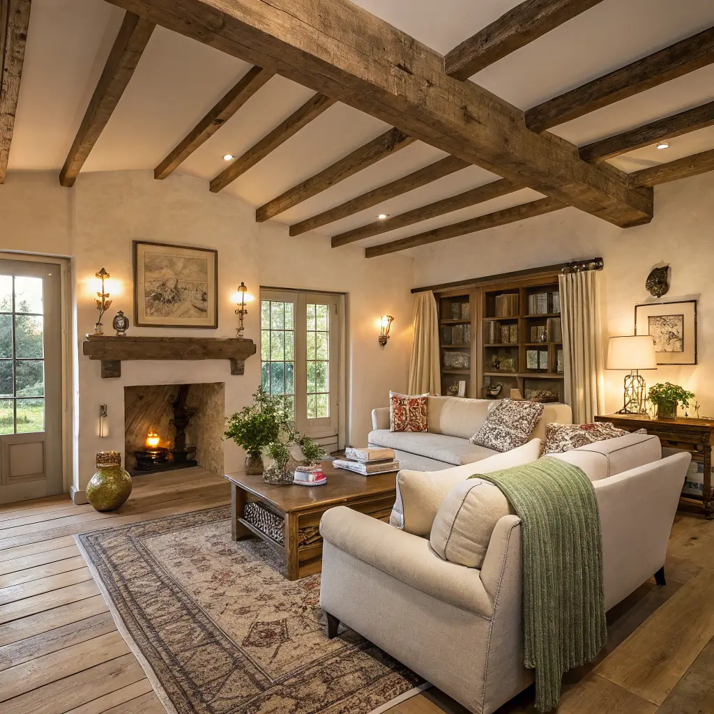 Country chic living room in golden hour light with oak beams, cream walls, oatmeal linen sofa, reclaimed elm coffee table, brass lamp, and stone fireplace with gilt mirror.