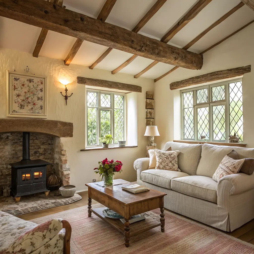 Cozy cottage sitting room with oatmeal linen sofa, reclaimed wood coffee table, floral accent chair, wood-burning stove, and vintage floral rug in warm morning light.