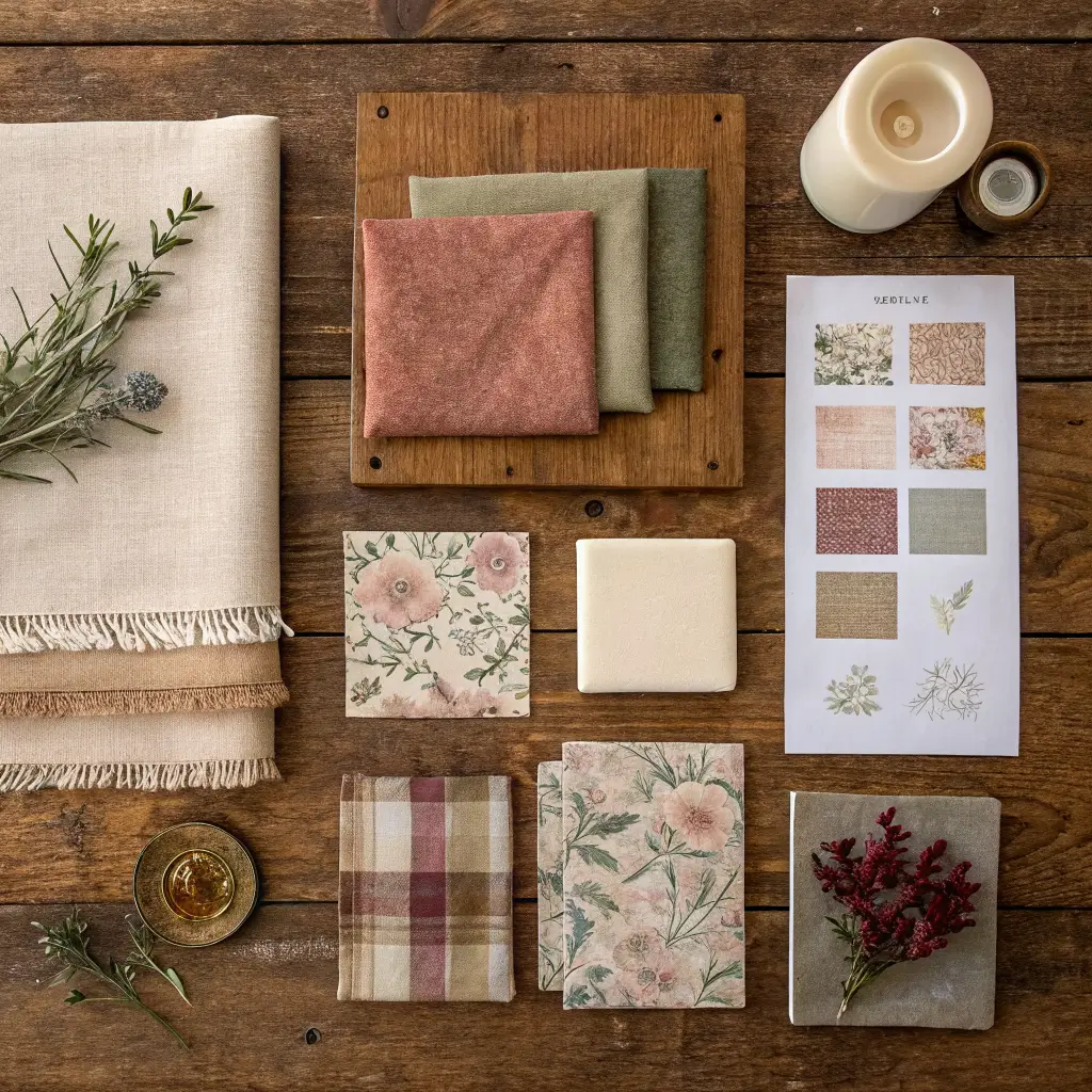 Overhead flat-lay of a country chic mood board on a reclaimed oak table with fabric swatches, aged brass, dried eucalyptus, botanical print, beeswax candle, and reclaimed wood in warm cream, oatmeal, sage, dusty rose, and garnet tones.