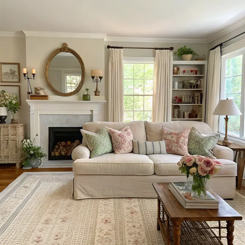 Country chic living room with oatmeal linen sofa and mixed cushions on a jute rug, brass lamp on distressed side table, antique mirror on mantel above painted fireplace, warm cream walls and linen curtains in late afternoon light.