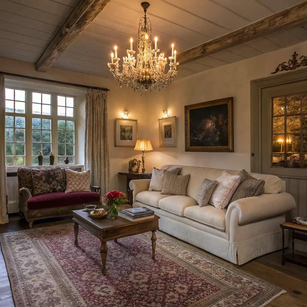 Country chic living room at dusk with linen oatmeal sofa, Persian rug, reclaimed elm coffee table, crystal chandelier, rose and sage accents, and stone mantel with botanical art.
